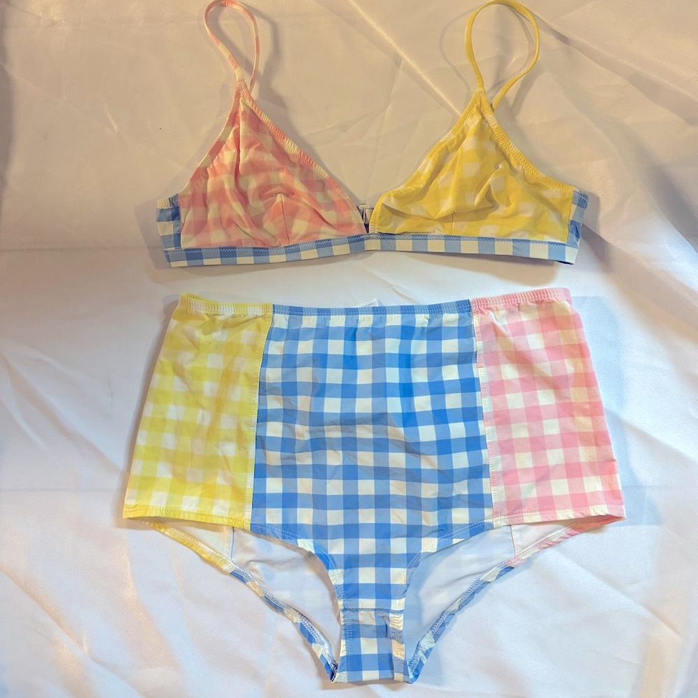 J Crew Pastel Colorblock Gingham Bikini Swimsuit never worn size L bathing suit